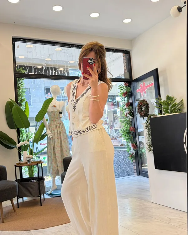 Nakış Detaylı Doğal Dokulu Yelek & Pantolon Takım