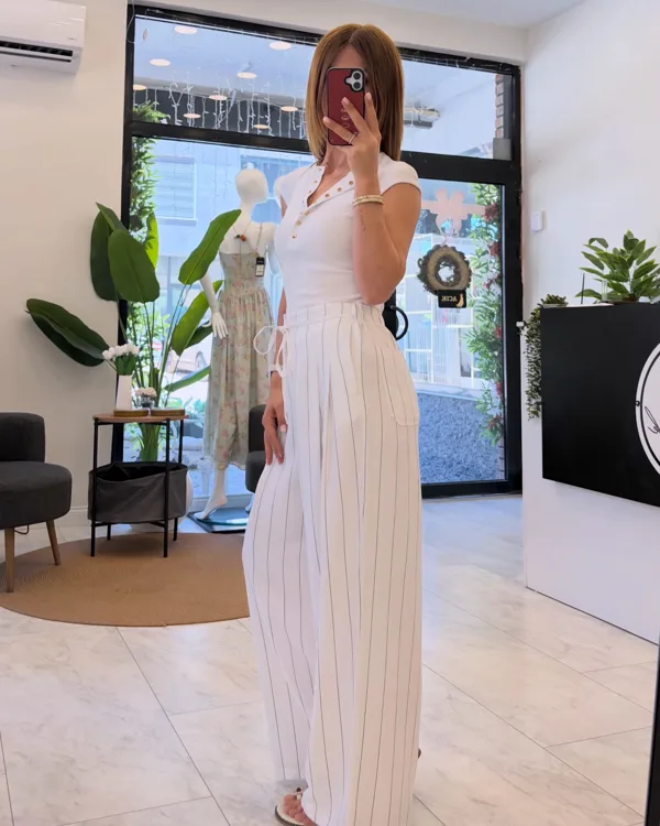 Ekru Çizgili Yüksek Bel Palazzo Pantolon