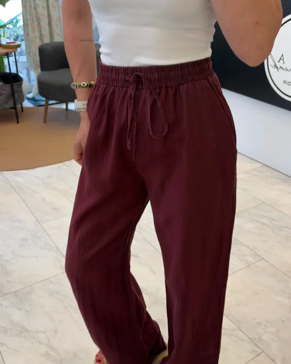 %100 Keten, Beli Lastikli Bol Paça Pantolon