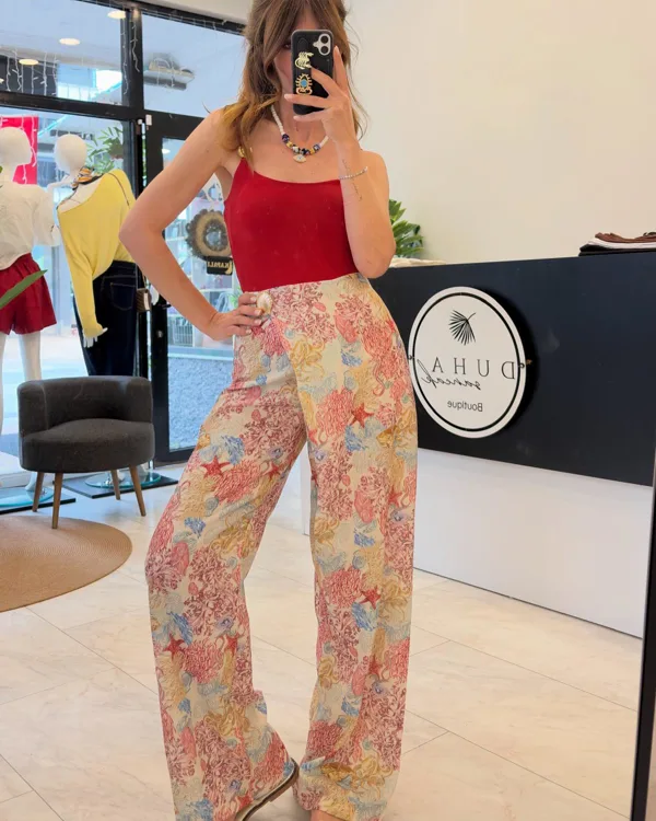 Mercan Desenli Yüksek Bel Bol Paça Palazzo Pantolon