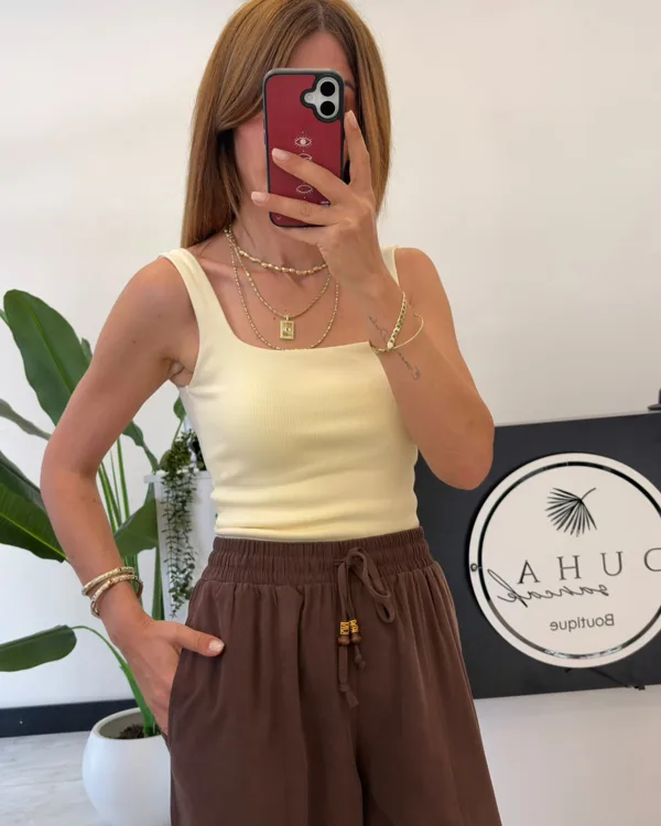 Beli Lastikli Tencel Pantolon Kahve