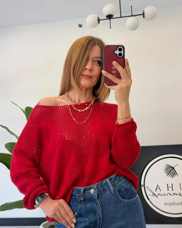 Kırmızı Salaş Triko  Standart Beden Rahat Kalıp
