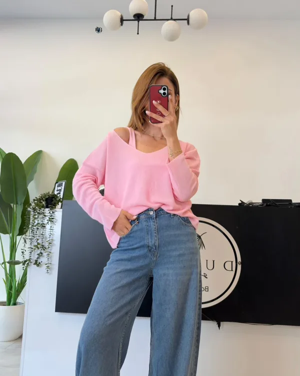 Dilvin V Yaka Merserize Triko Pembe