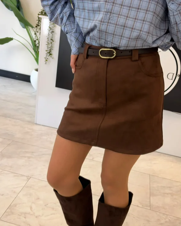 Süet Kemer Detay İçi Şortlu Etek